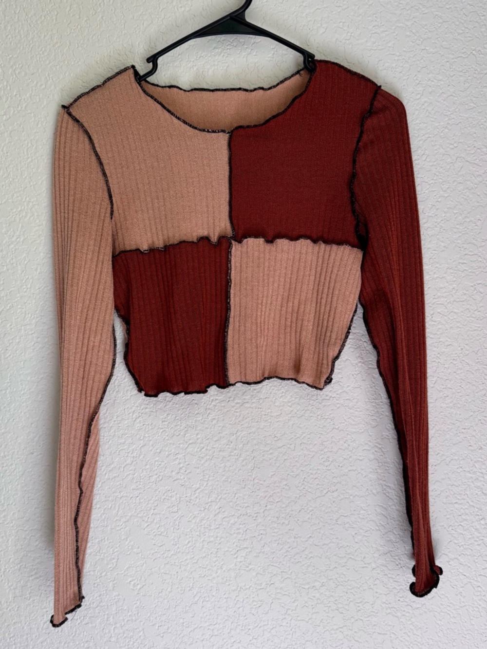 Colorblock Ribbed Long-Sleeve Crop Top Pink & Rust Size Small